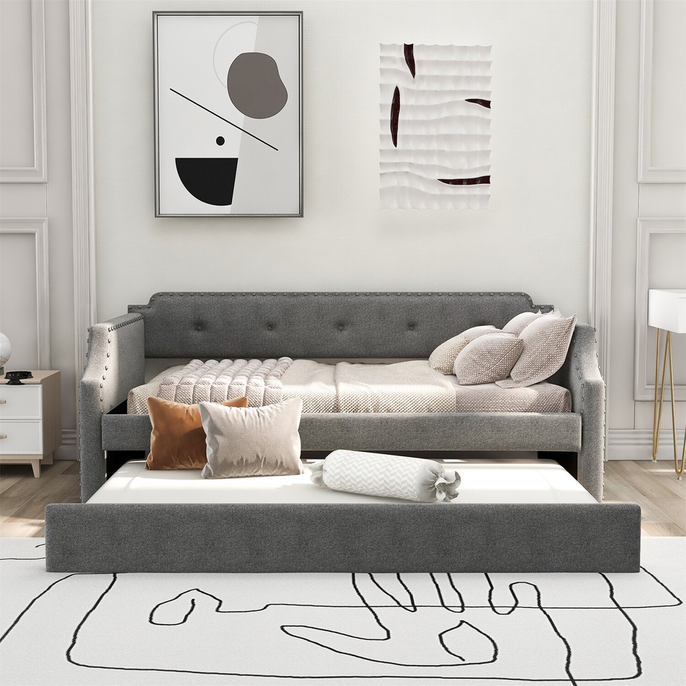 Twin Size Daybed with Pull-Out Trundle Bed Upholstered Bed Frame Sofa Bed