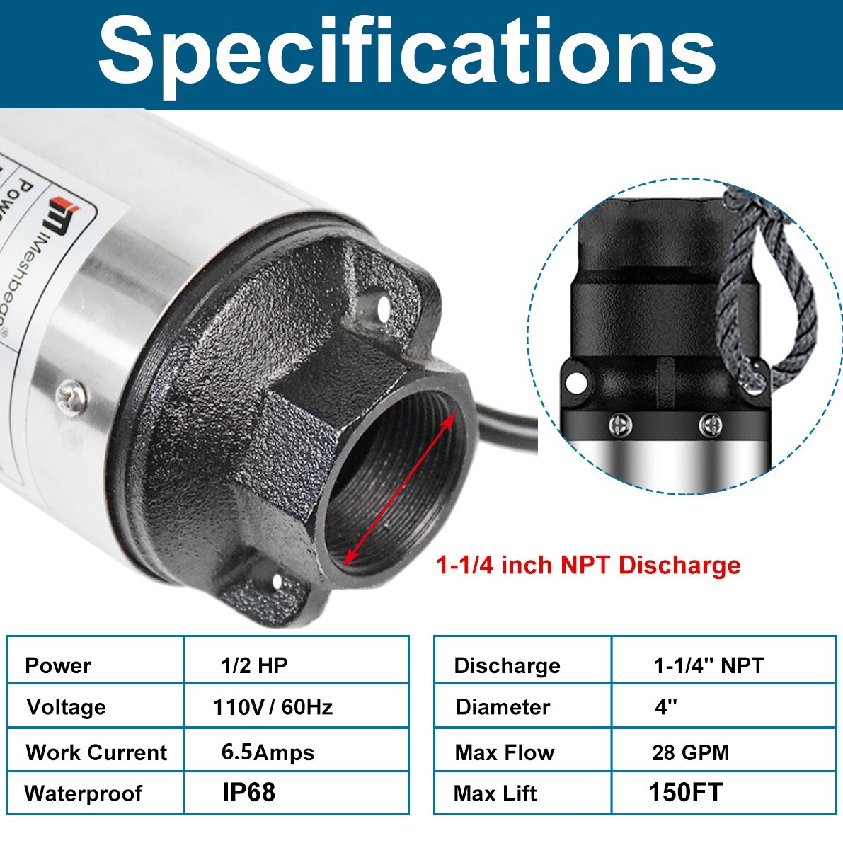 4" Deep Well Submersible Pump, 1/2HP, 110V, 60 Hz, 28GPM, 150 Ft Max,1 1/4in NPT
