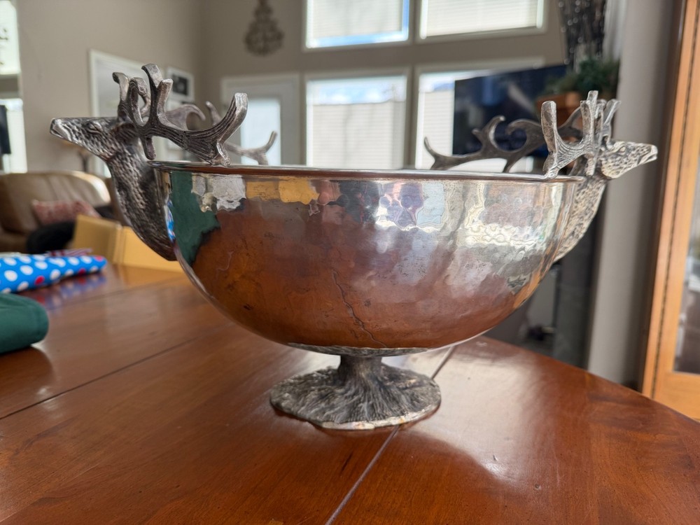 LARGE HAMMERED SILVER PLATE BOWL 18", DOUBLE DEER/STAG HEAD HANDLE CENTER PIECE
