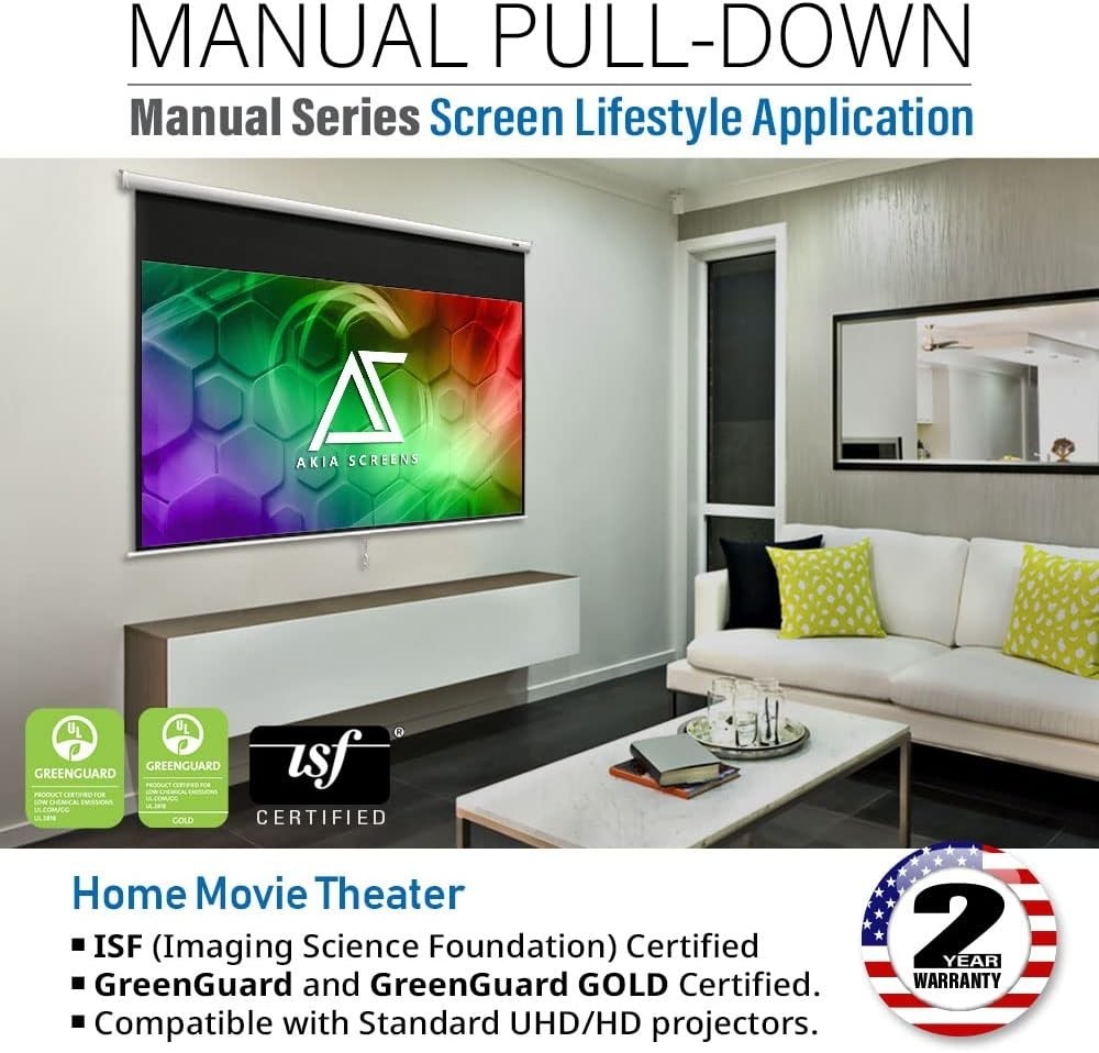 125" Manual Pull Down Projector Screen, 1:1 Retractable Projection Screen, Au...