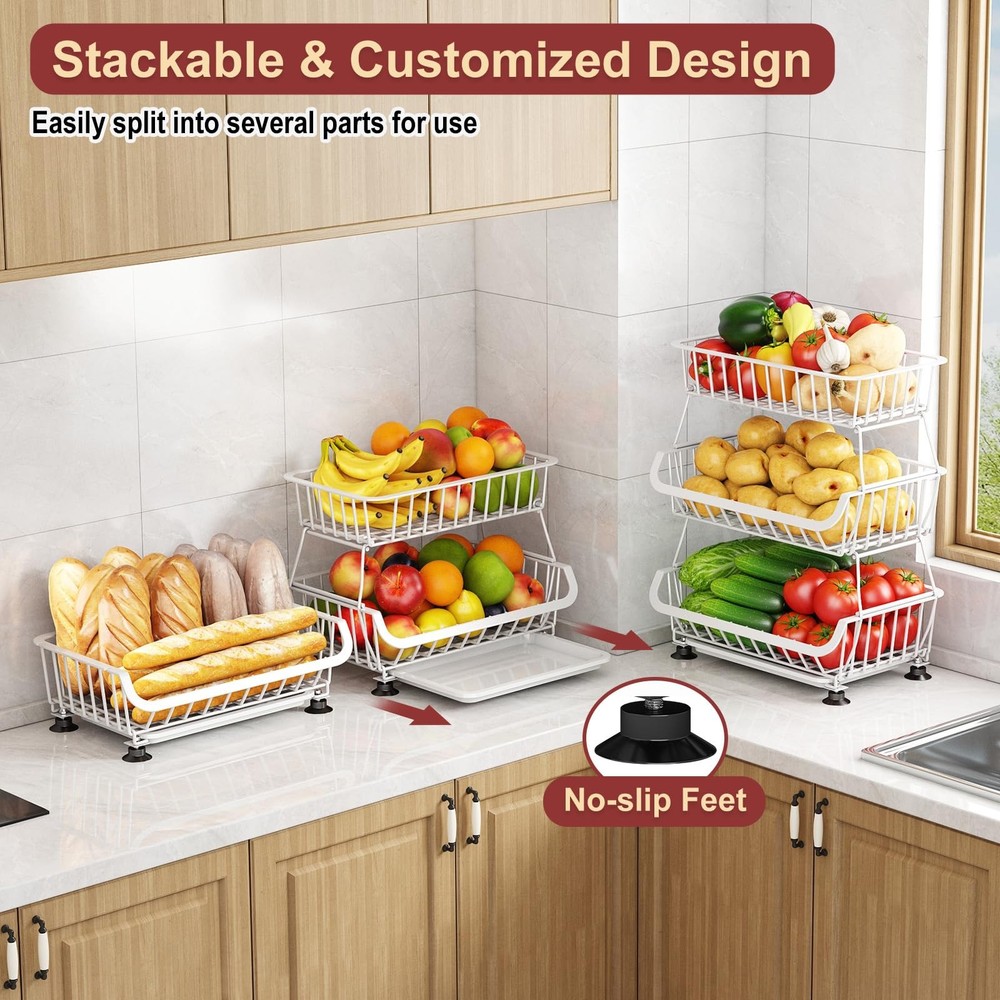3Tier Rolling Pantry Cart w/Wheels Stackable Wire Storage Organizer White