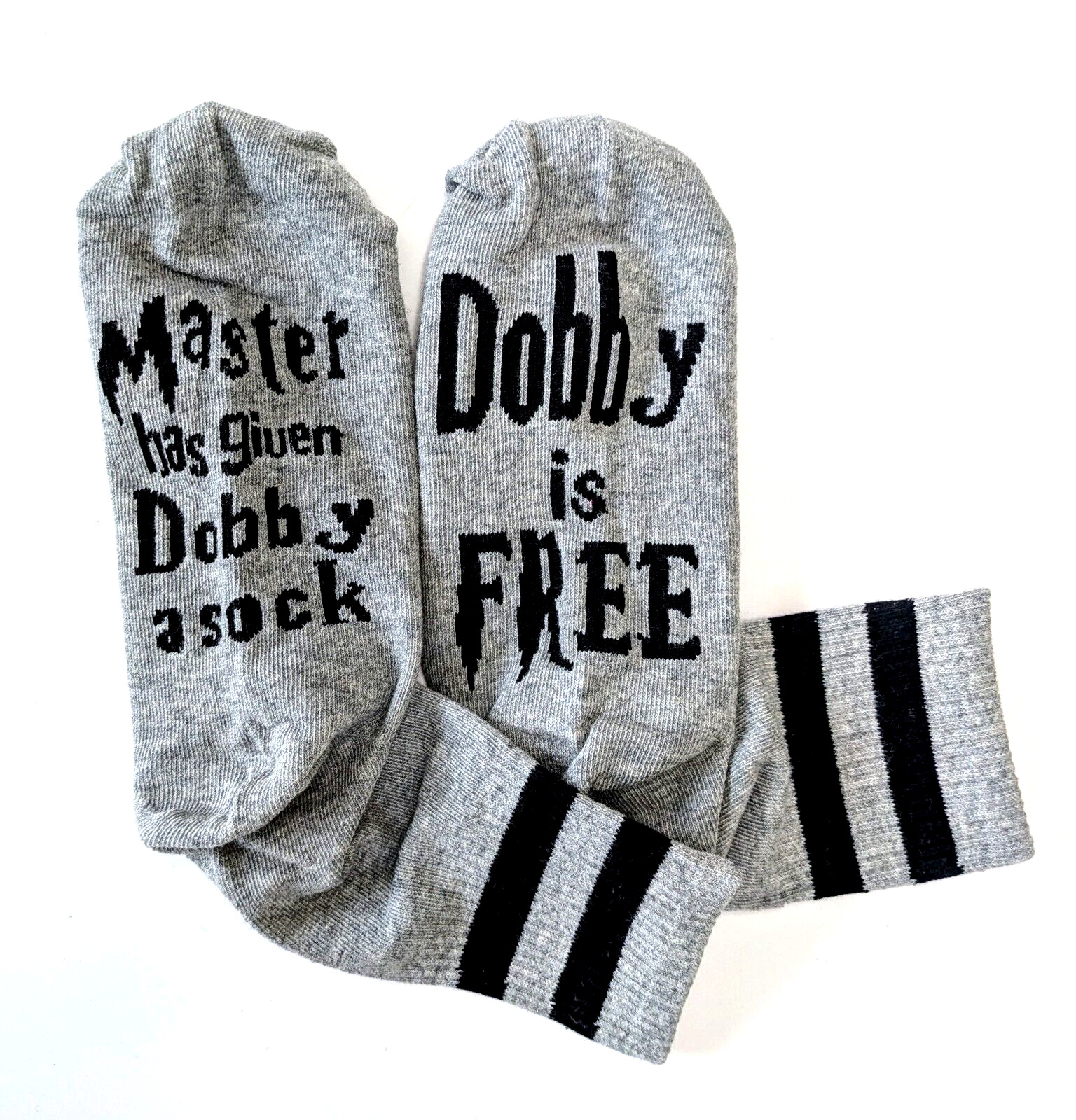 DOBBY SOCKS (1 Pair) Harry Potter Gray/Black Grippy Text Bottom (Magical Gift!)
