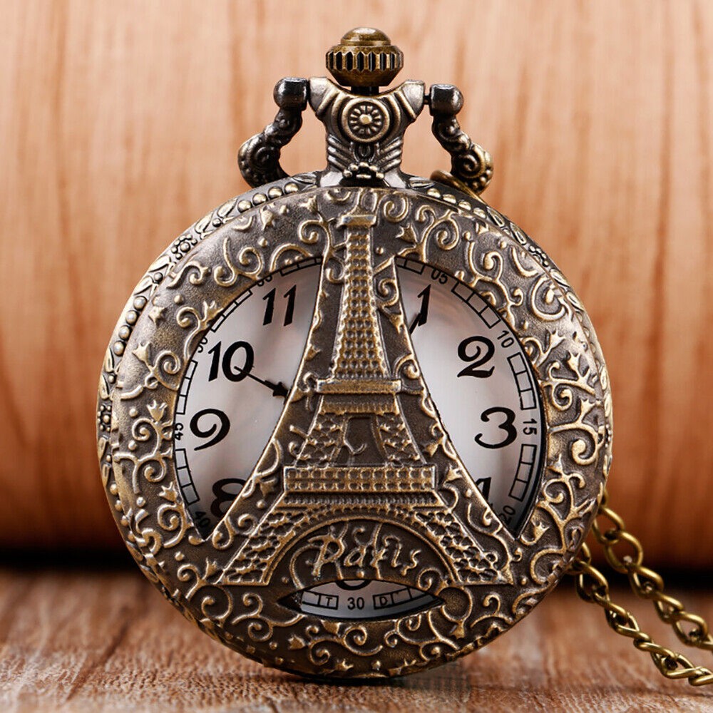 Bronze Classic Eiffel Tower Men Women Analog Quartz Pocket Watch 80cm Chain Gift