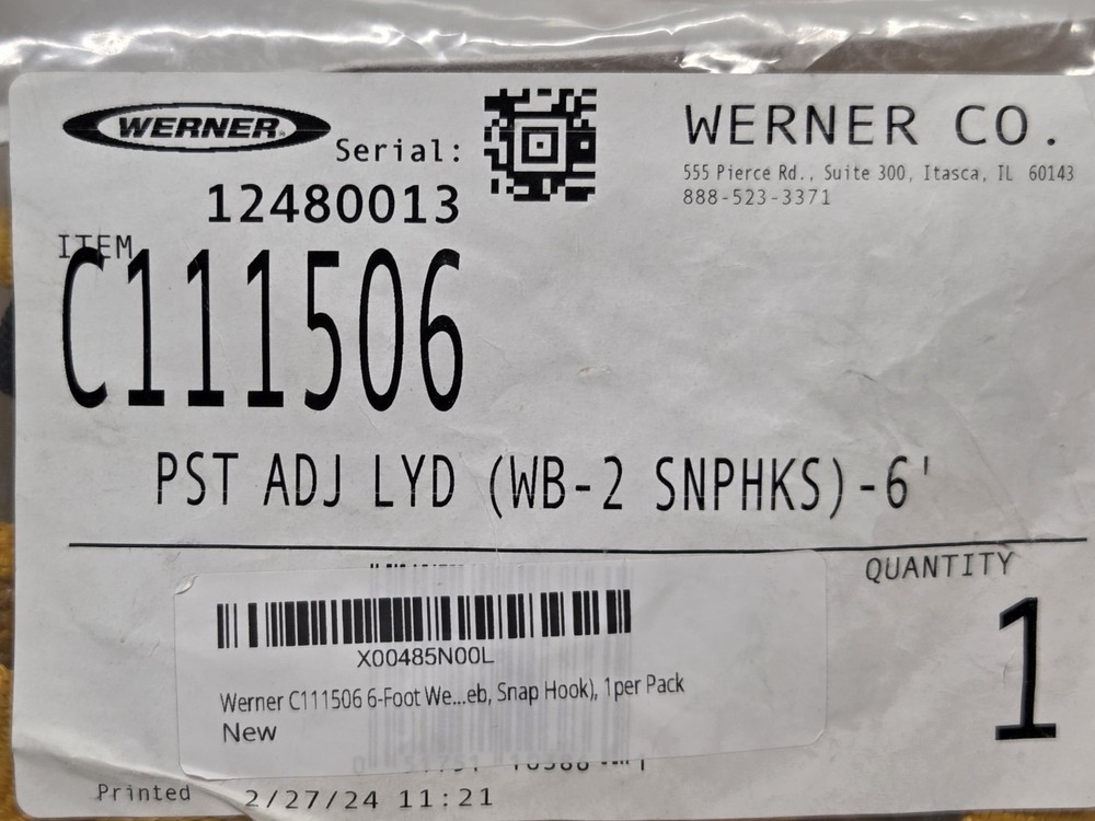 Werner 6' Web Positioning Adjustable Lanyard Snap Hook C111506