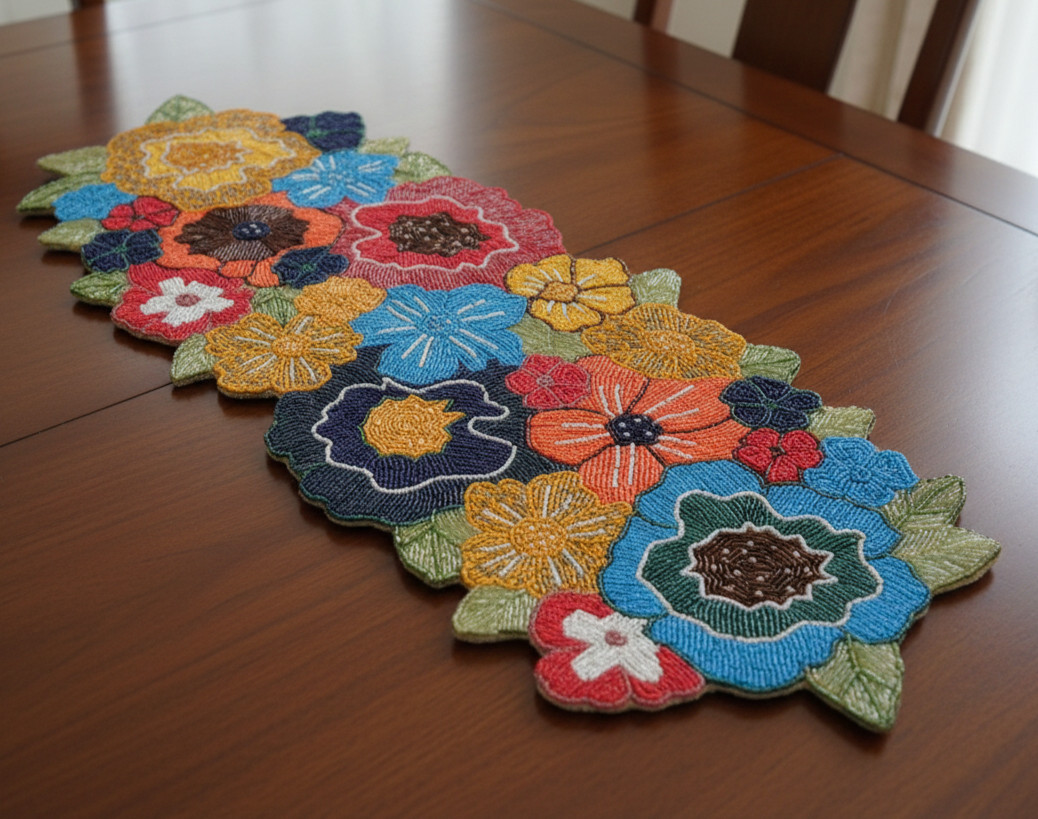 Floral Beaded Table Runner, Multicolor Table Runner, Spring Tableware 13X36 Inch