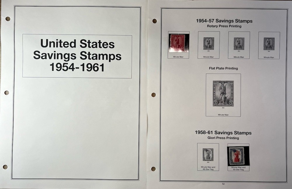Mystic Heritage Collection - US Savings Stamps 1954-61 Album Inserts + 2 Stamps
