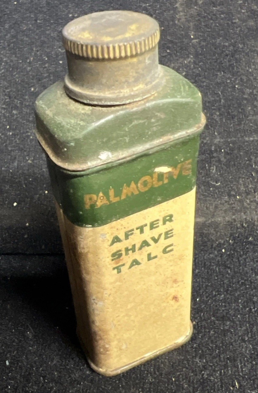 VTG 1950s PALMOLIVE after shave talc ADVERTISING TIN Green Medical Can Tin