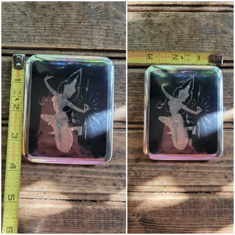 VTG Siam Thailand Solid Sterling Silver & Niello Dancer Etch Cigarette Case