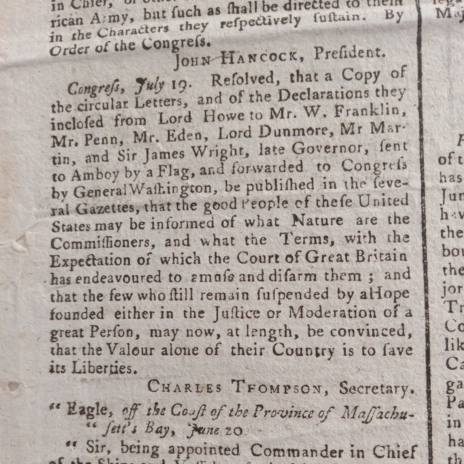 "DECLARATION OF INDEPENDENCE" Front Page Mentions - 1776 British Newspaper