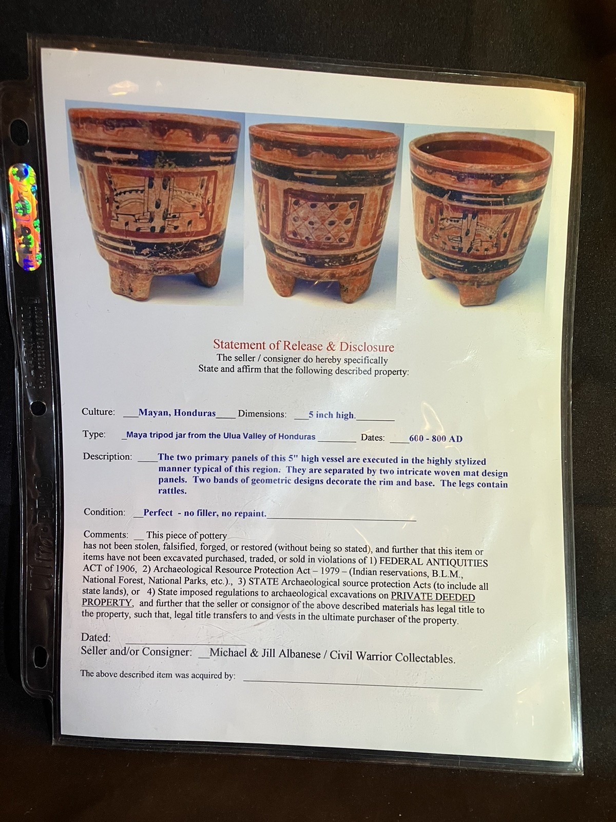 Authentic Pre-Columbian painted Mayan Rattle Leg Ulua Pottery Jar 600-800 AD