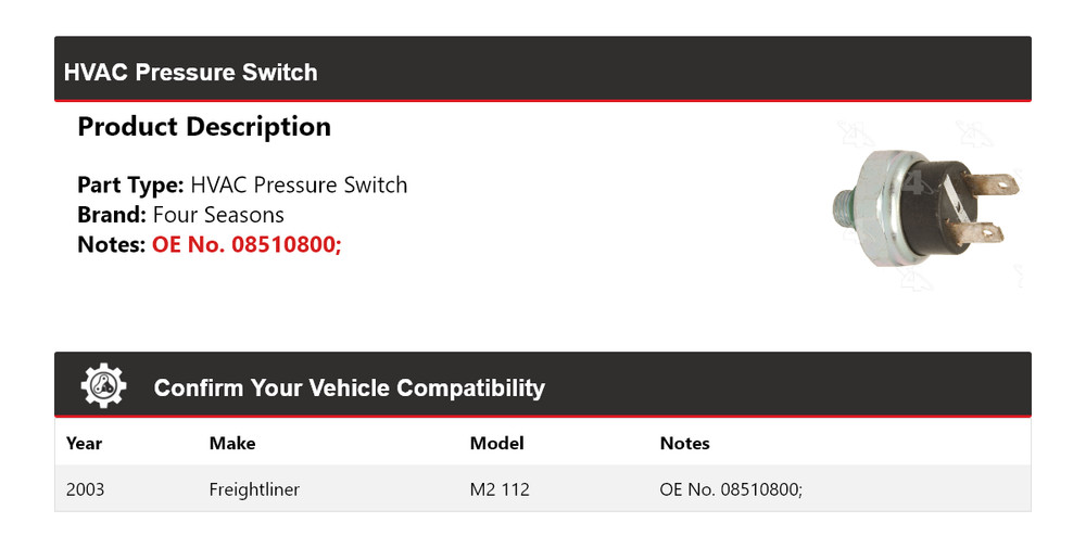 For 2003 Freightliner M2 112 HVAC Pressure Switch 4 Seasons