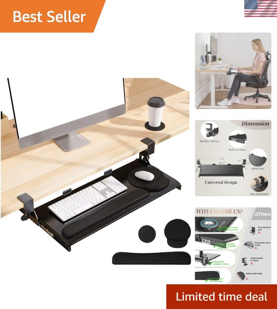 Space-Saving Adjustable Keyboard Tray with Wrist Support & Easy Clamp Attachment