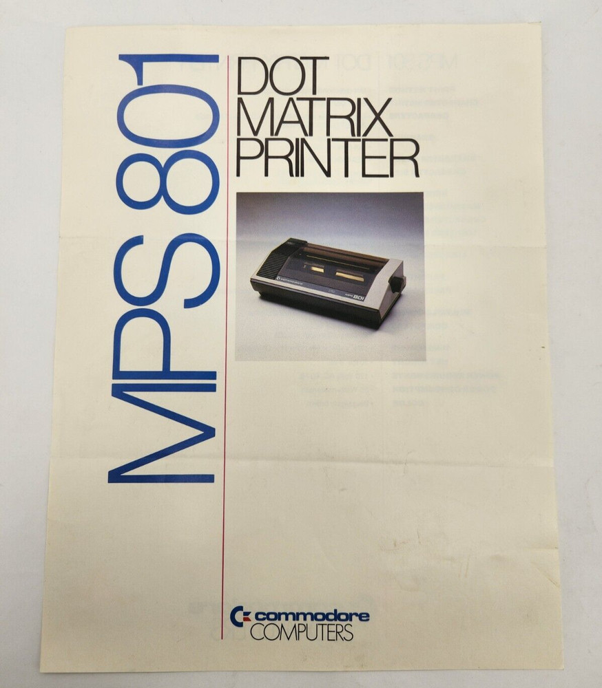 Commodore MPS801 Dot Matrix printer Sales Specifications sheet Vintage ad