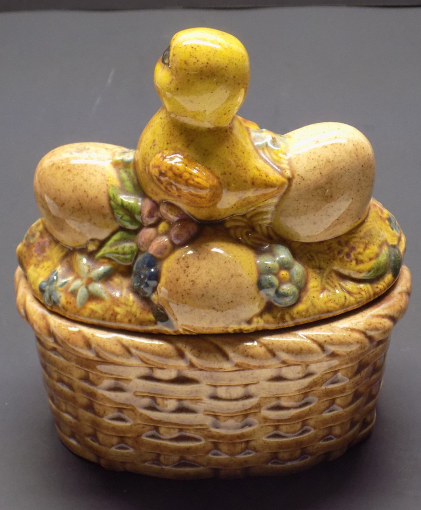 Vintage Ceramic Easter Basket Dish w/ Chick & Eggs Lid Spring Decor