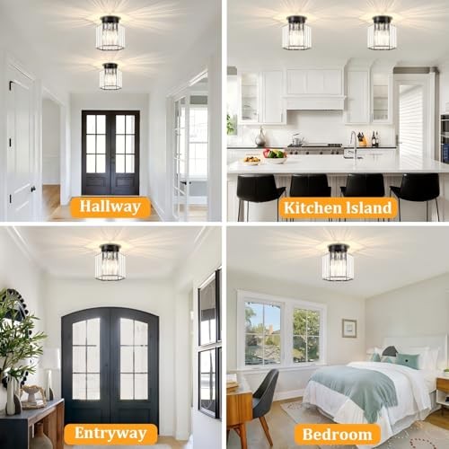 2 Pack Crystal Semi Flush Mount Ceiling Light, Hallway Light 1-Light Black