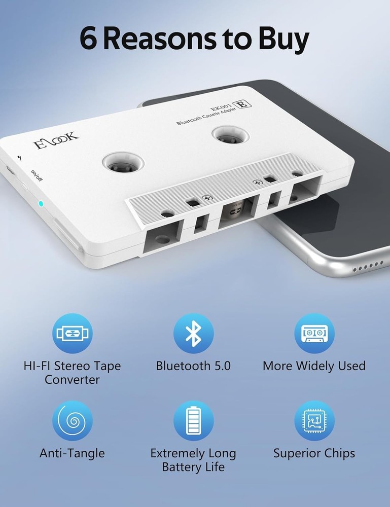 Elegant White Bluetooth Cassette Receiver - Transform Your Car Music Experience