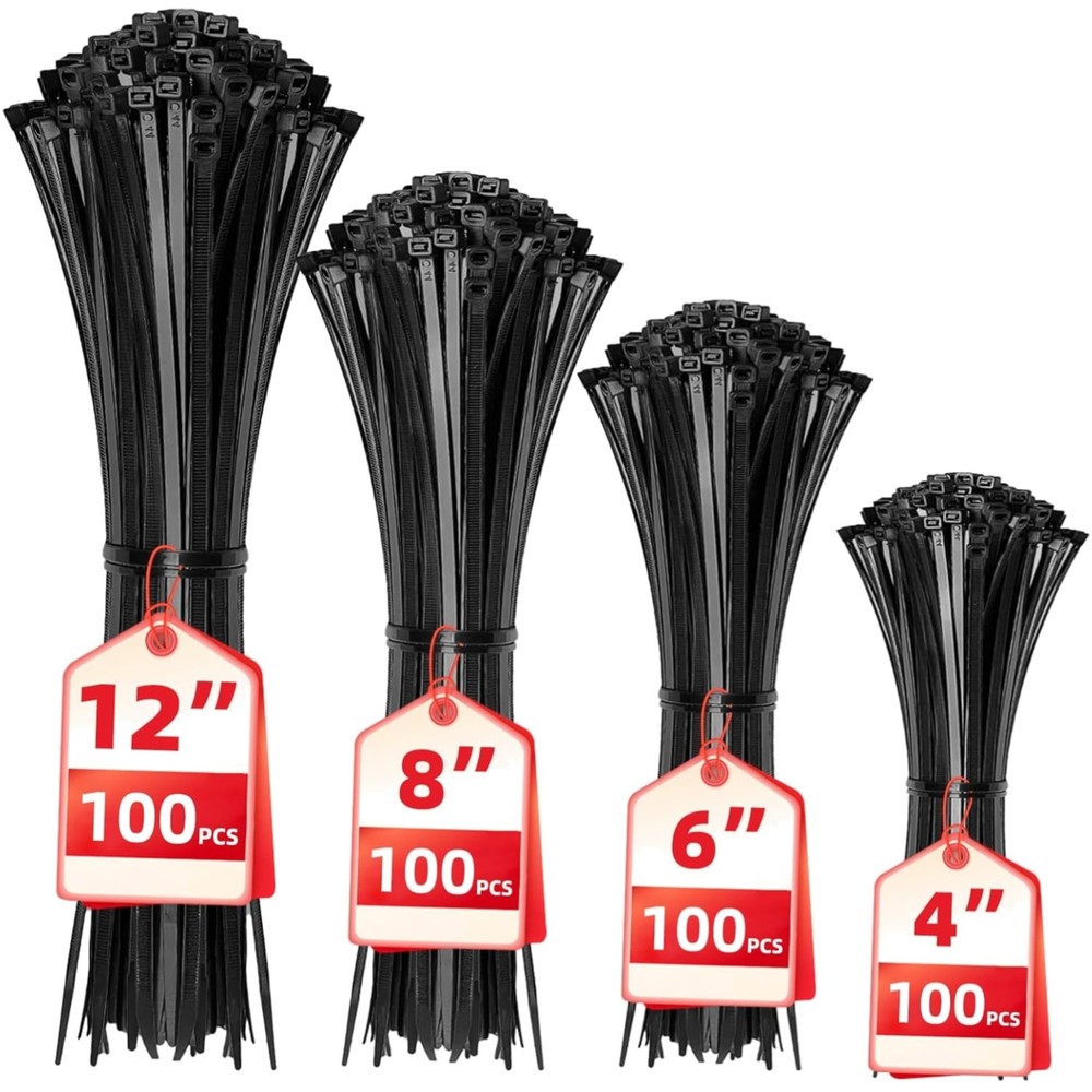 400 Pack Self-Locking Zip Ties in Assorted Sizes (4-12 Inch) for Ultimate Org...