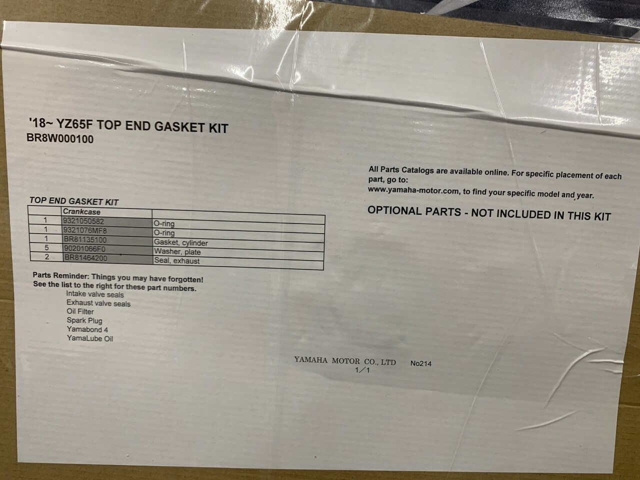 NEW OEM YAMAHA 19-22 YZ65 TOP END KIT W/ CYLINDER