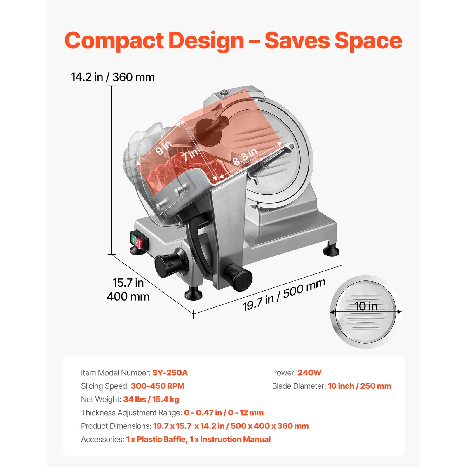 Uimoso Electric 240W Meat Slicer with 10-Inch Blade Commercial Deli Food Cutter