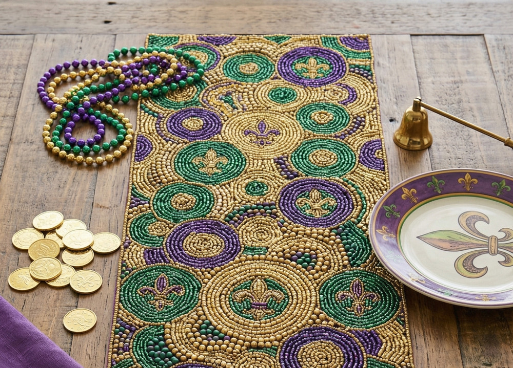 Mardi Gras Table Runner – Beaded Fleur de Lis Table Decor