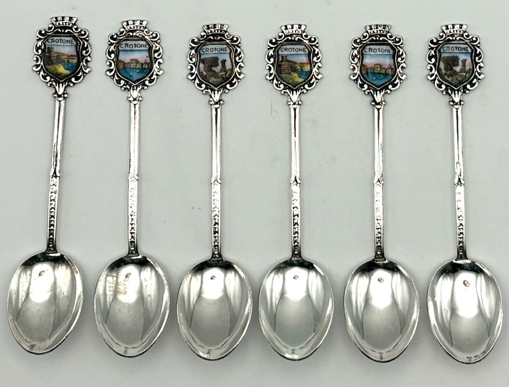 Crotone, Italy Set of 6 Spoons, Vintage Silver-tone Ornate Designed Souvenirs