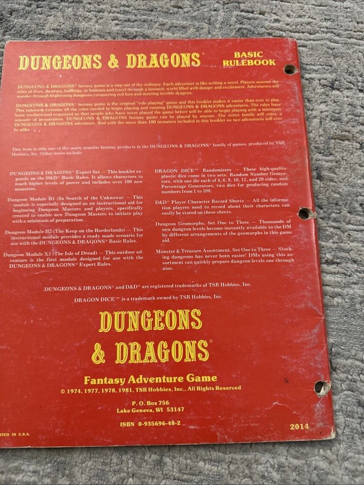 Dungeons & Dragons Basic Rulebook TSR 2014 1st Printing 1981