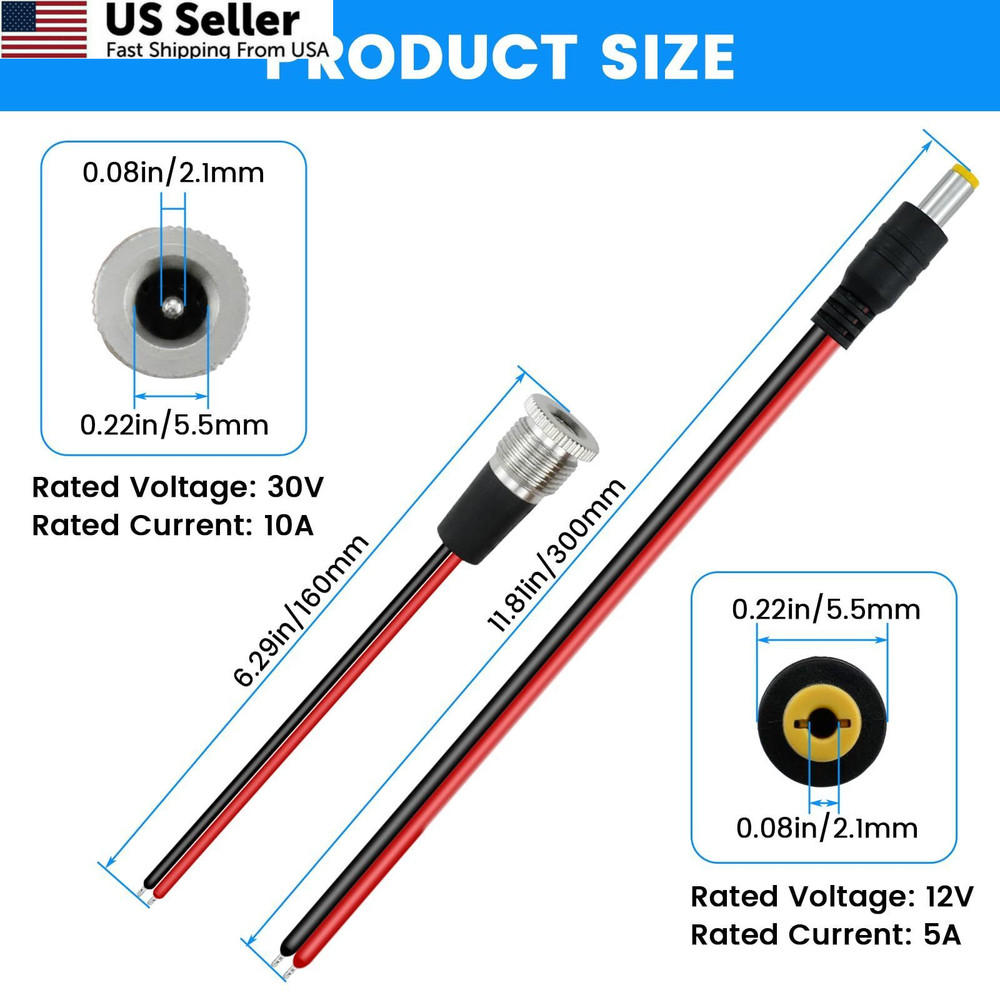 SDTC Tech 3 Sets 5.5 x 2.1 MM 10A DC Power Jack Socket Threaded × 2.1mm