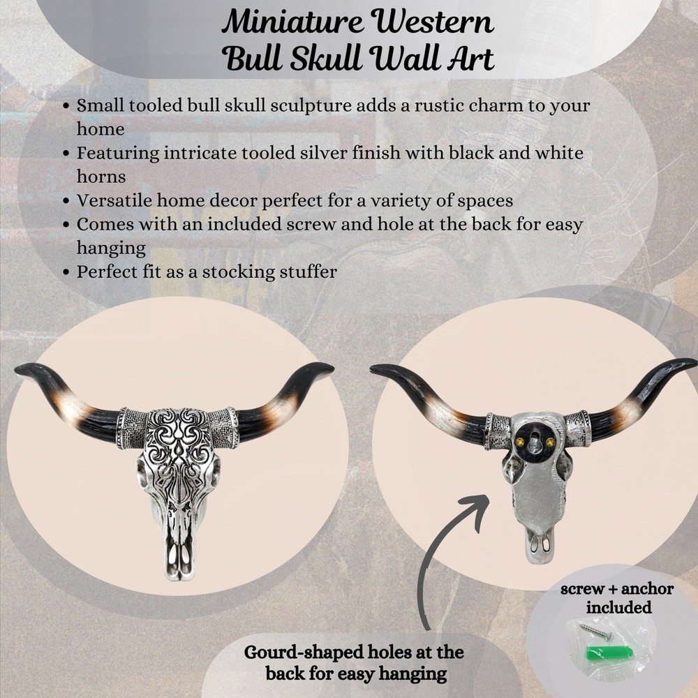 Mini Tooled Bull Skull Wall Sculpture | Silver Scrolls Design