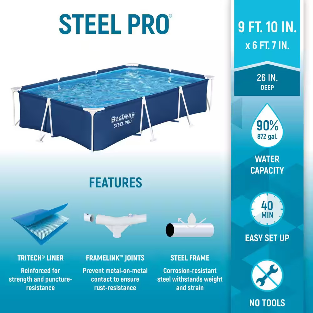 9.8x6.6 Ft Metal Frame Above Ground Pool Set 26" Deep Rectangular Backyard Fun