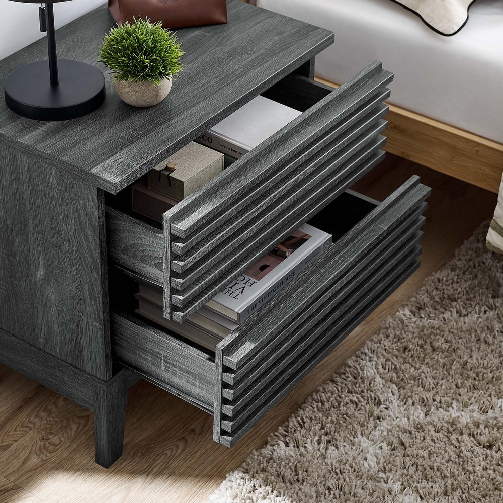 Modway Render Mid-Century Modern Two-Drawer Bedside End Table in Charcoal