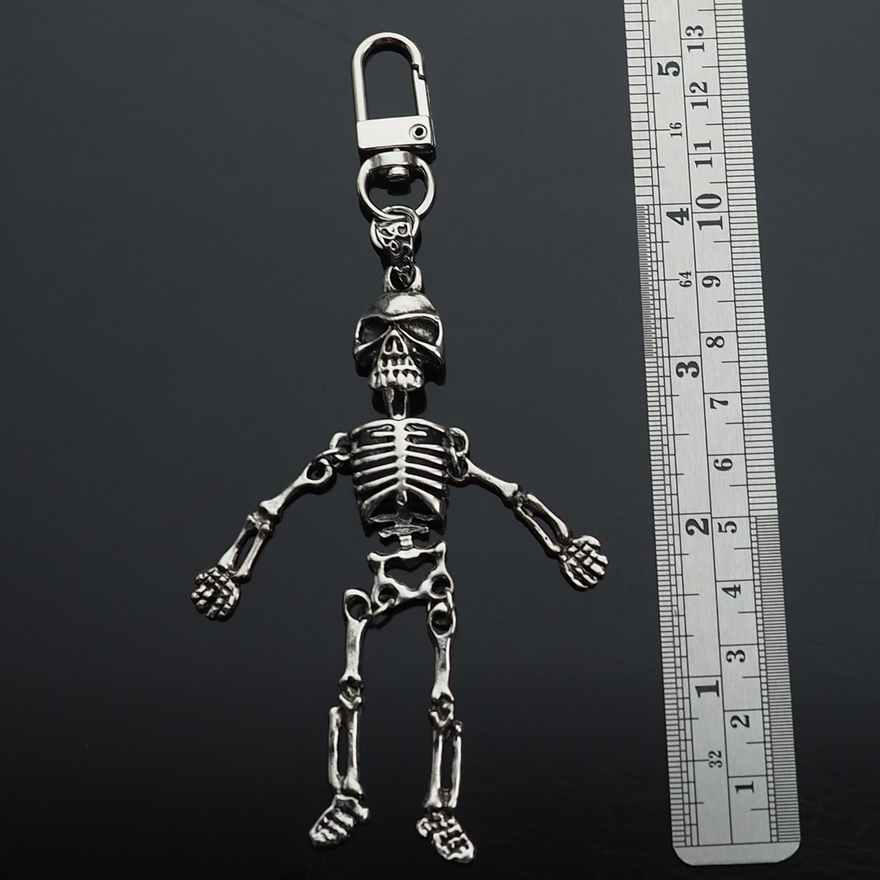 Vintage Silver Jointed Skeleton Bones Skull Charm Pendant Key Ring Clip Gift