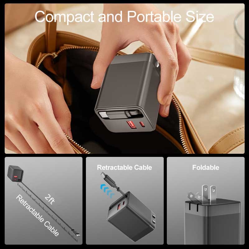 65W PD Home Charger Fast Type-C 2ft Retractable Cable USB-C for Tablets