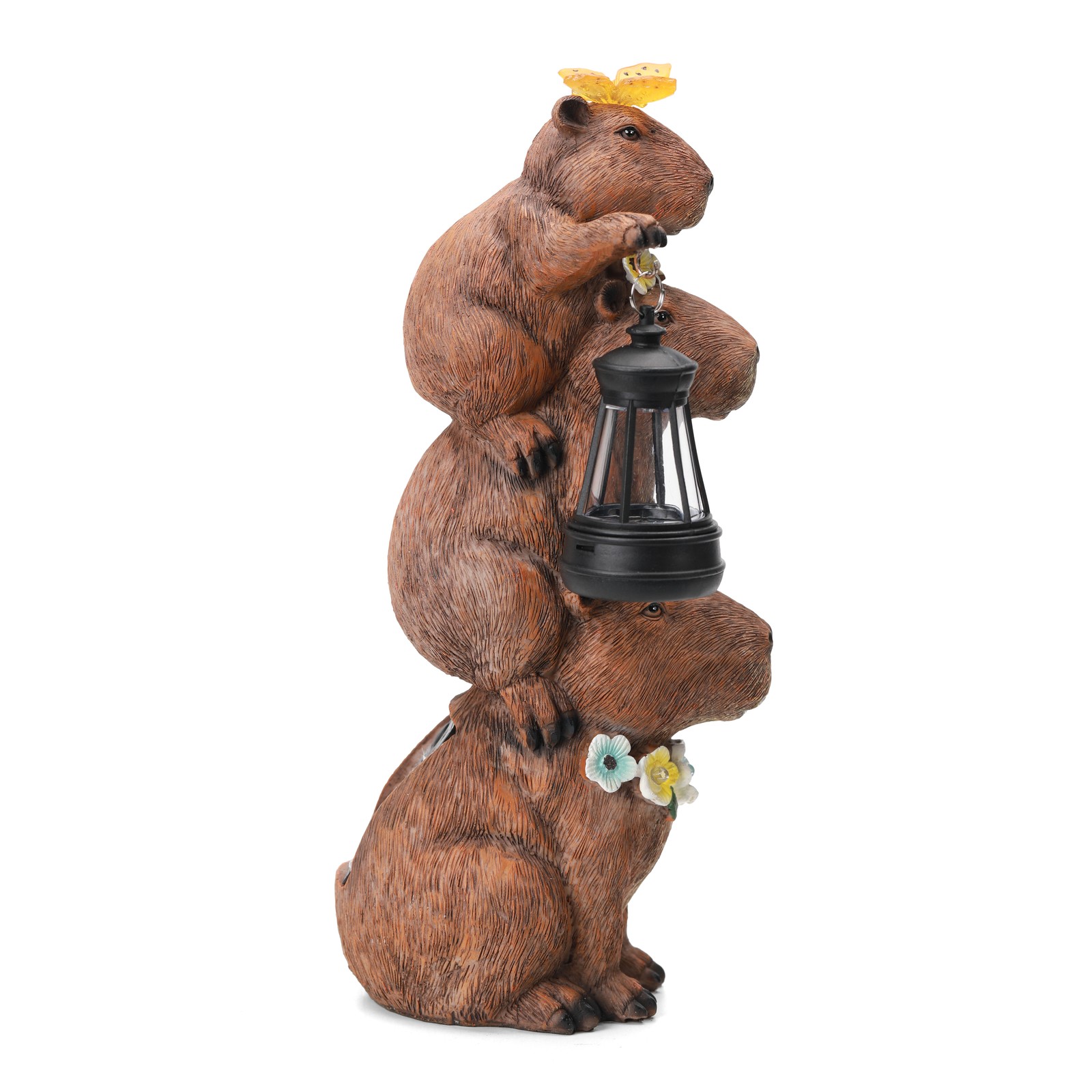 Solar-Powered Capybara Statue with LED Lights & Flowers - Outdoor Decor