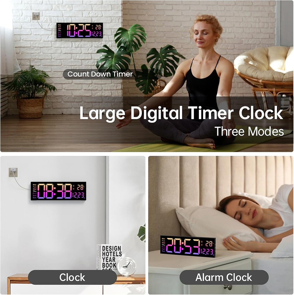 16-Inch Big Digital LED Wall Clock with Timer, Date, Temperature