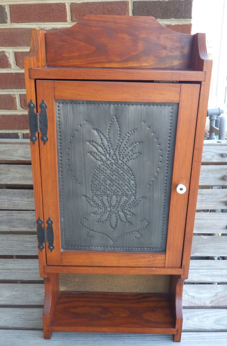 Wall Cabinet Mahogany Wood Punched Tin Pineapple Motif Farmhouse Décor