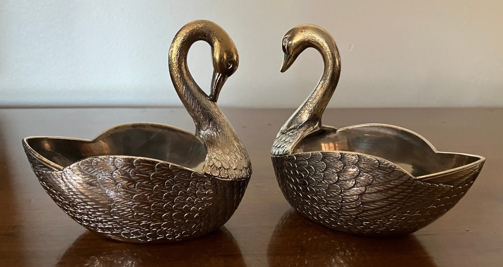 2 VTG Silver Plated Swans Trinket Candy Dish Jewelry Holder Condiment Server EXC