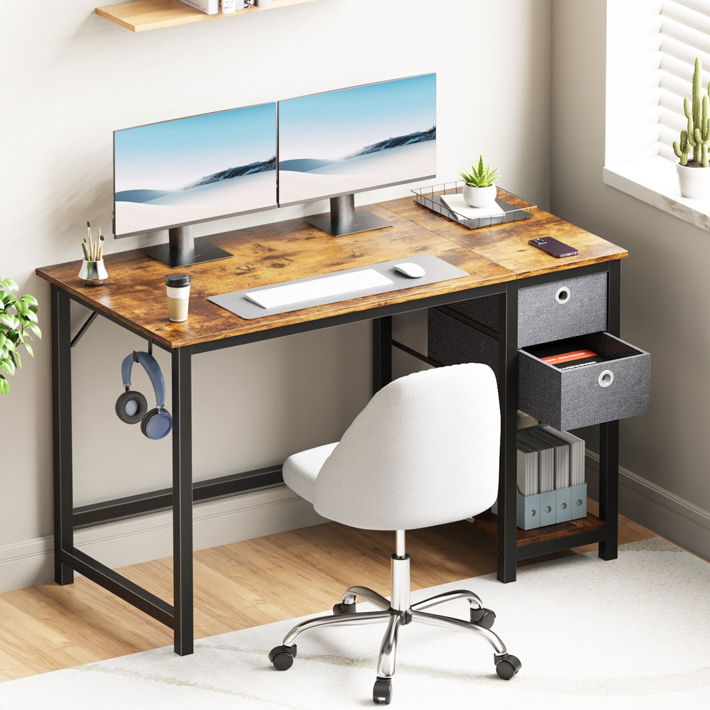 Office Study Table with Side Hook and 2 Storage Drawers - 40/47in Computer Desk