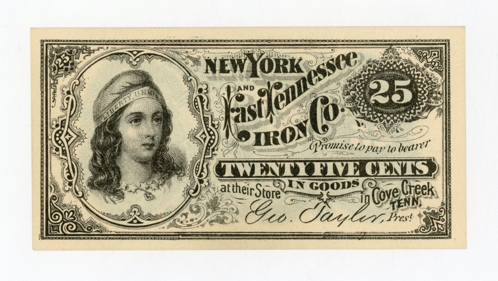 1800's 25c New York and East Tennessee Iron Co. - Cove Creek, TENNNESSEE Note AU