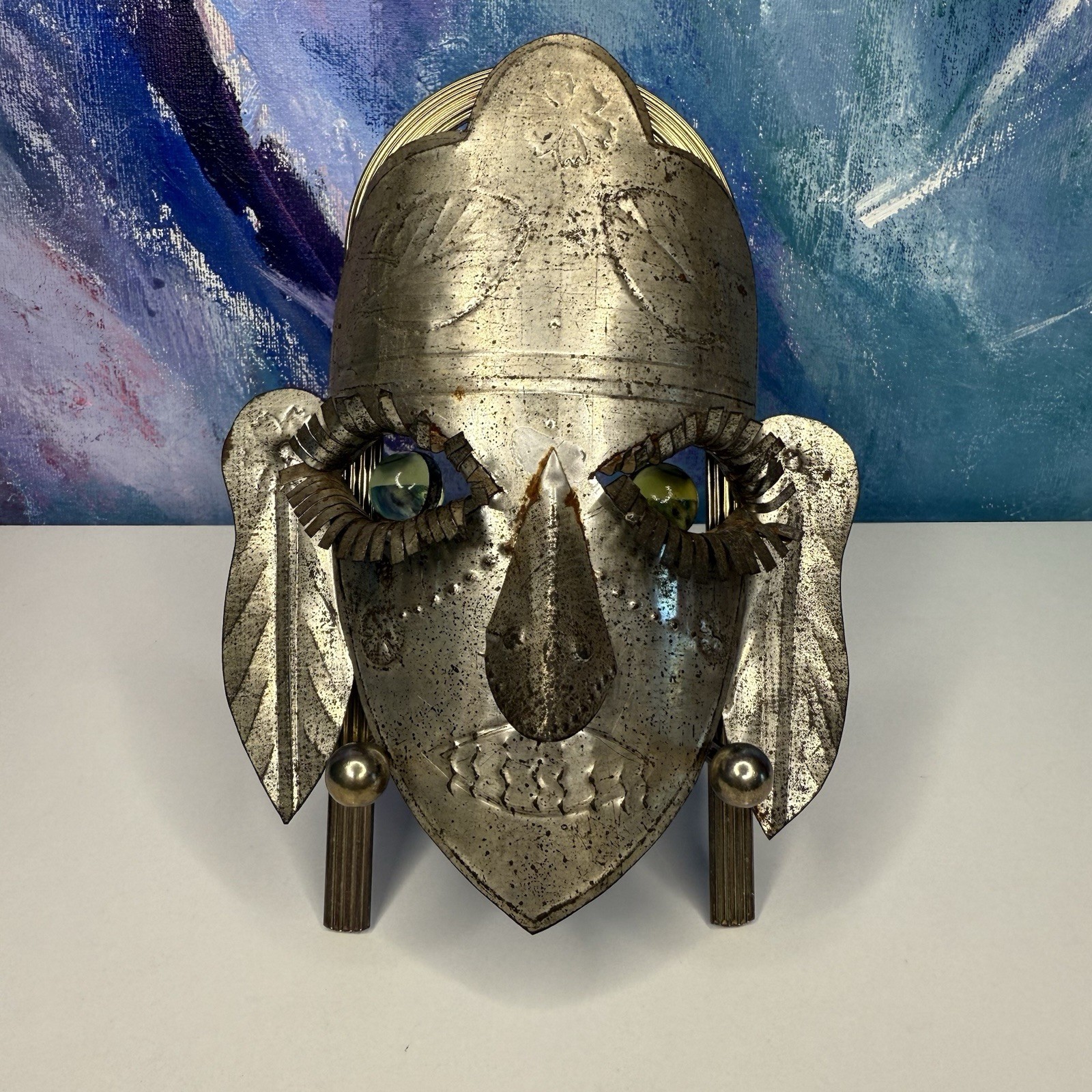 Mexican Tin Folk Art Face Mask Green Glass Eyes Wall Hanging Vintage Cultural