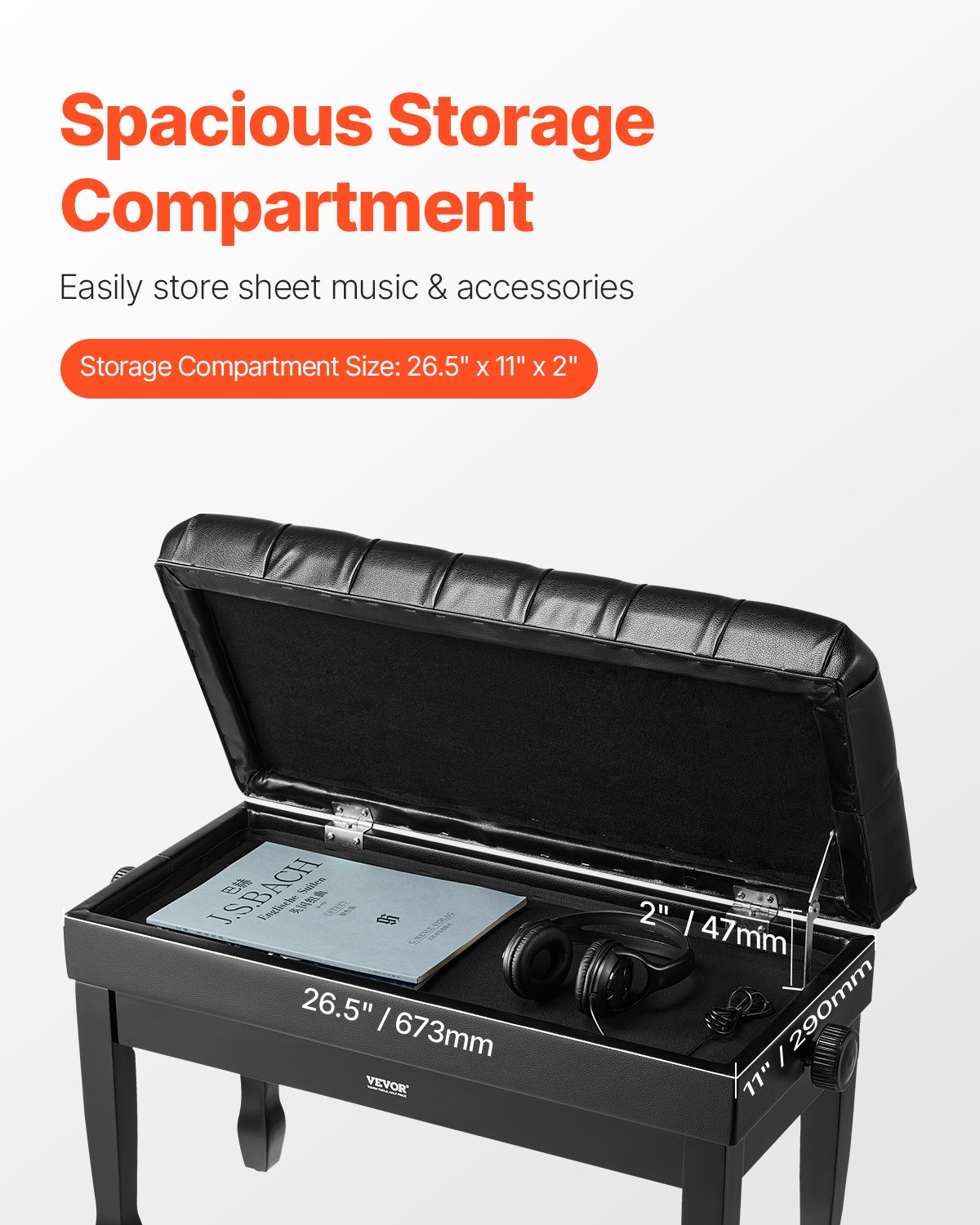 VEVOR Adjustable Duet Piano Keyboard Bench Storage Padded Seat Wooden Bookcase