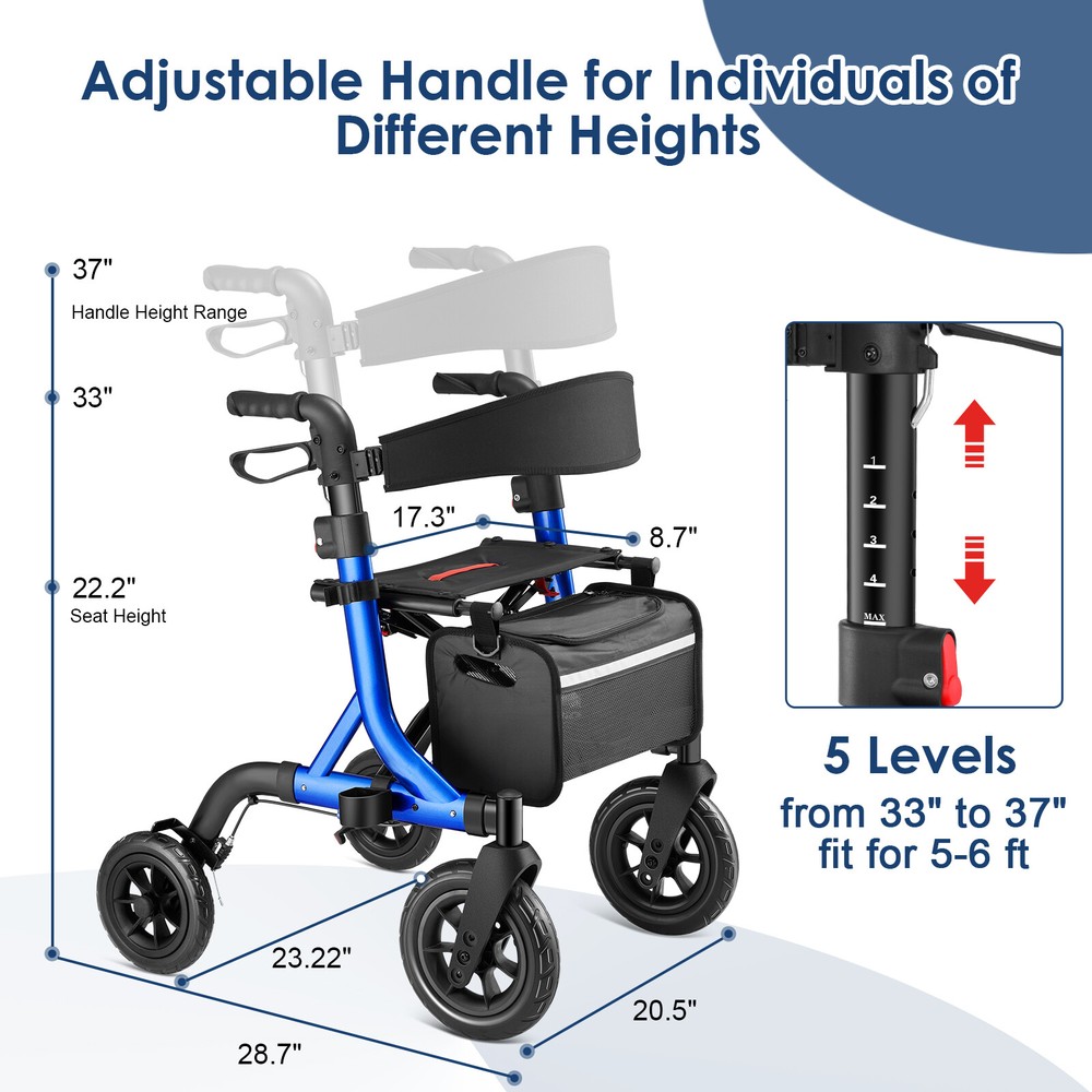 12"+10" Rubber Wheels All-Terrain Rollator Walker with Seat Foldable Adjustable