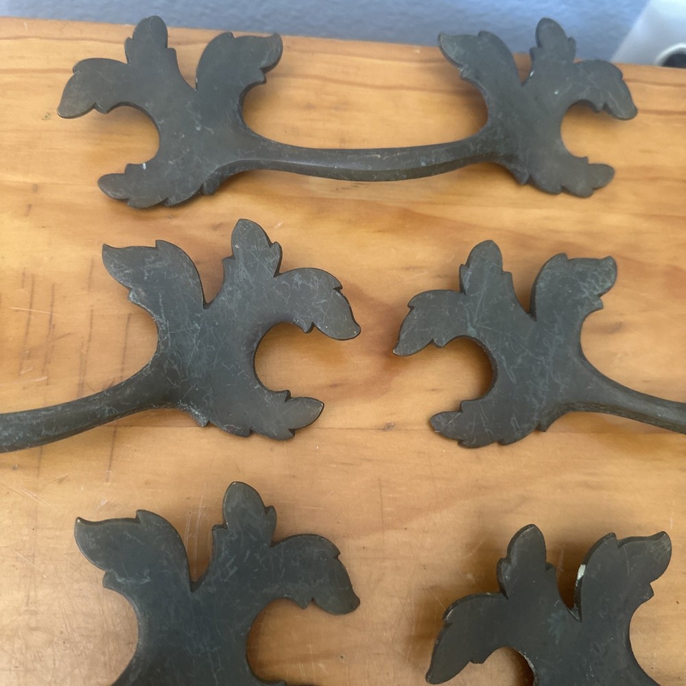 Set 9 Antique Brass Leaf Drawer Pull Handles 8” RARE