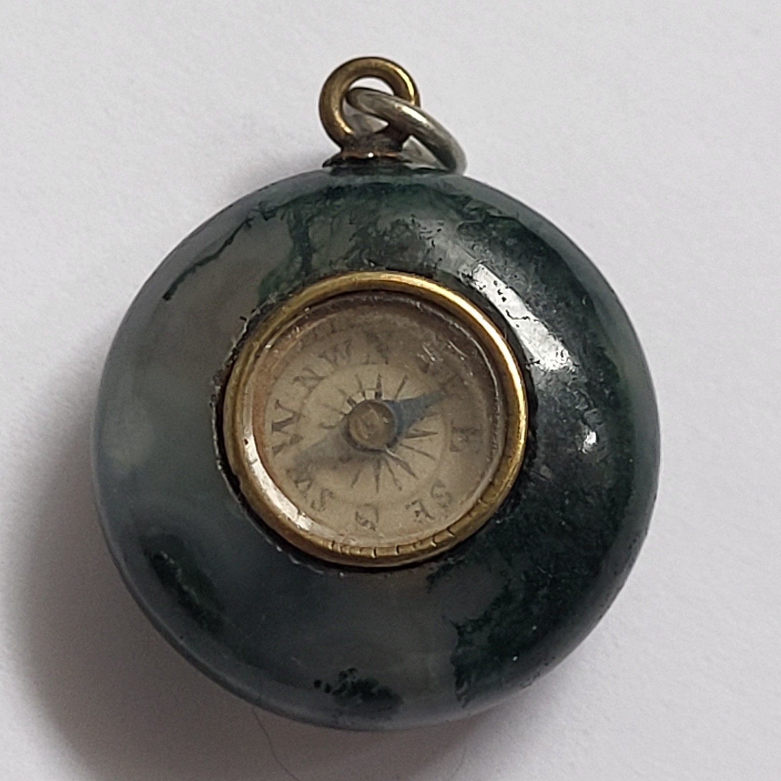 Antique Pocket Watch Fob Green Moss Agate W Compass Victorian Era