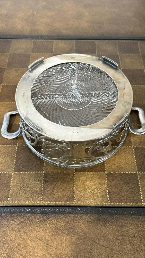 VTG Silverplate Openwork Serving Dish w/ Handles & Glass Insert Monogram MBC EP