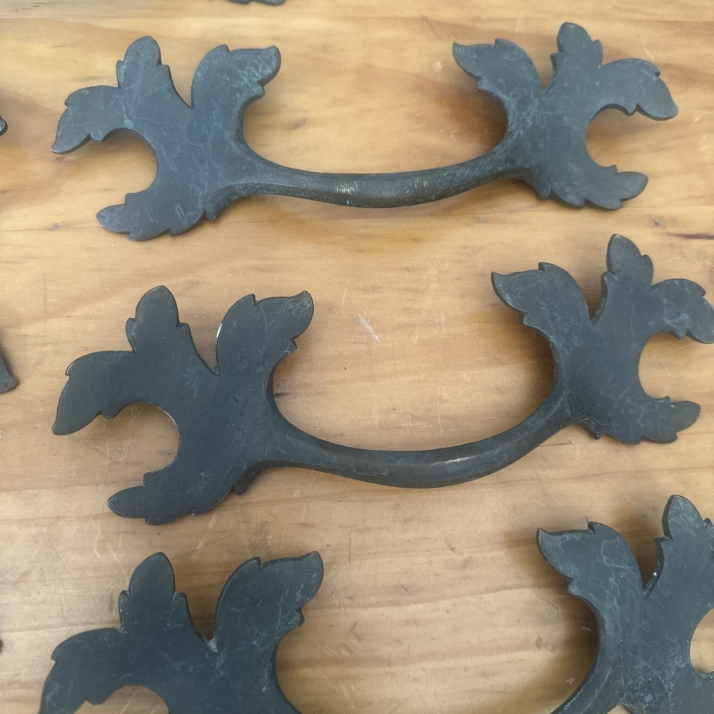 Set 9 Antique Brass Leaf Drawer Pull Handles 8” RARE