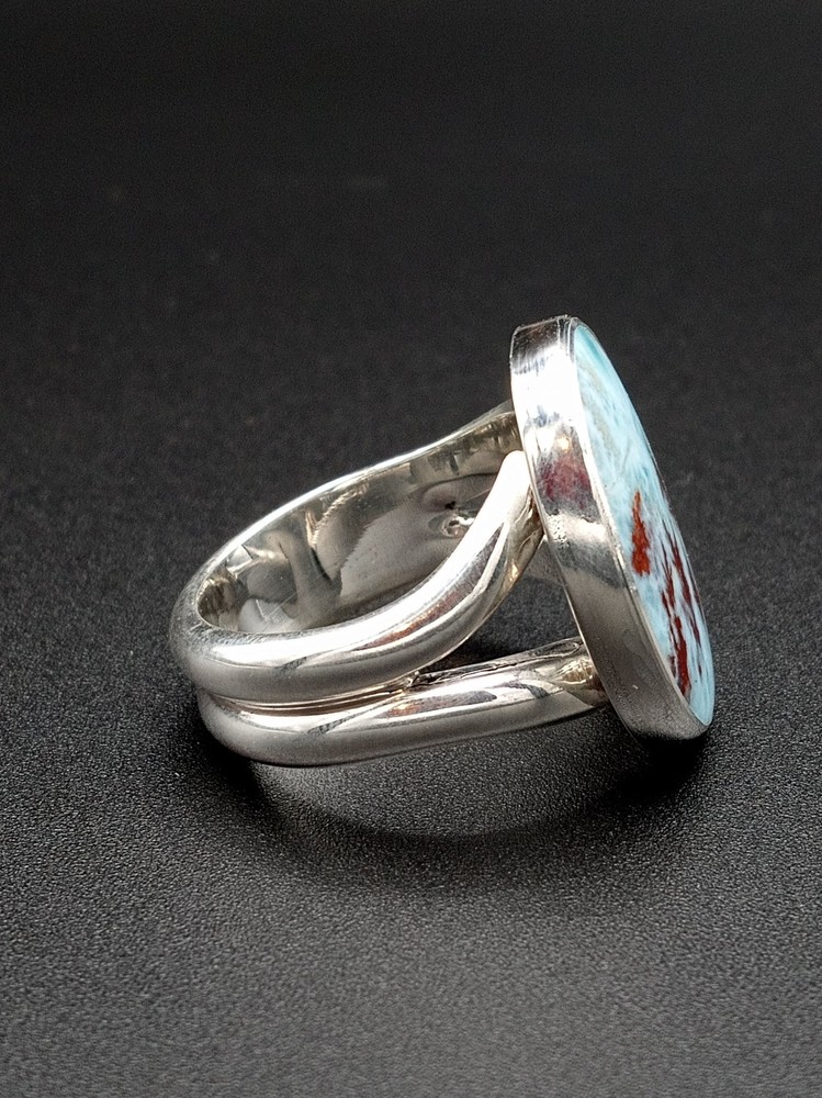 Handmade Wide Oval Dendritic Larimar Ring - Size 7