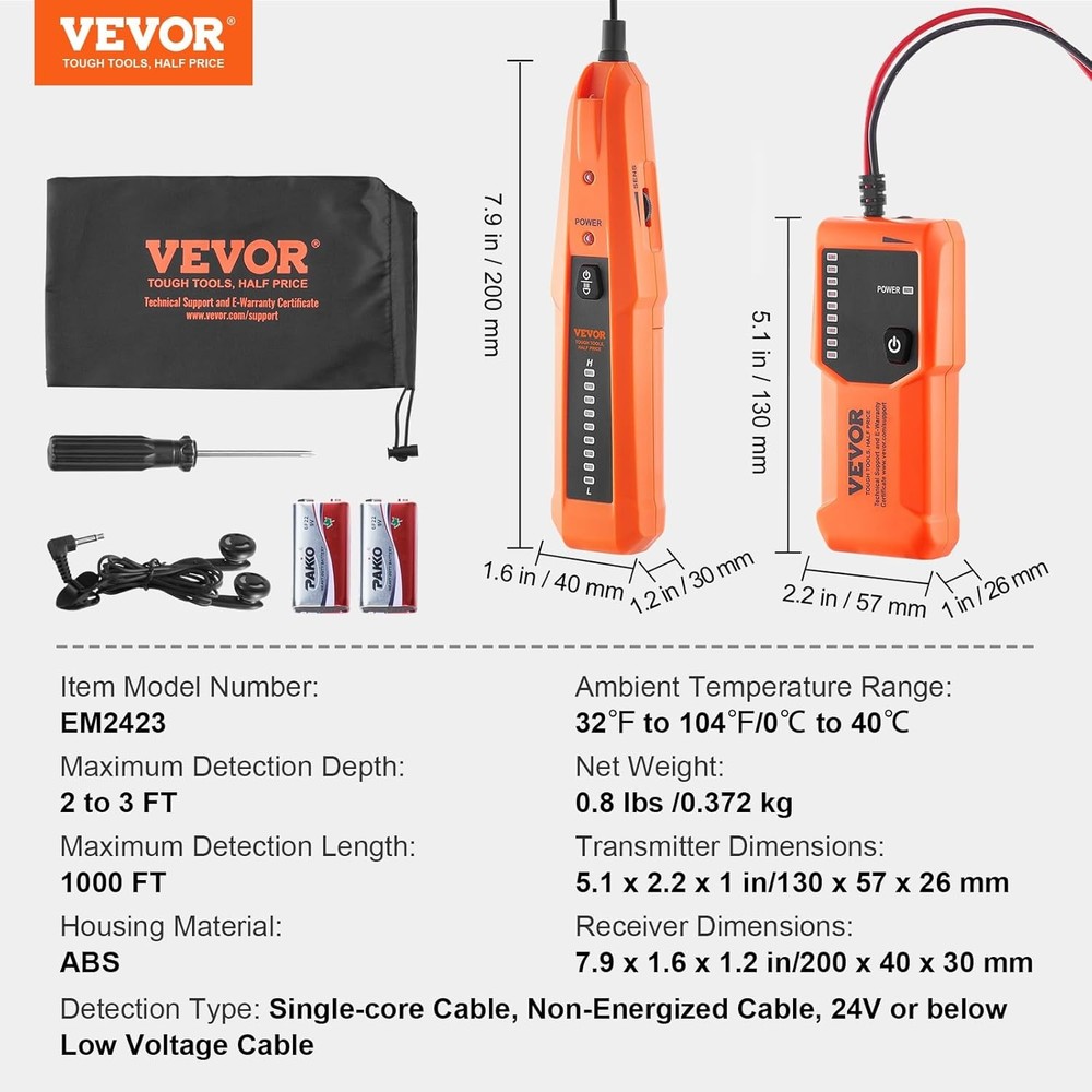Underground Cable Locator, 3 FT Max. Detection Depth, Wire Tracer Break Detector