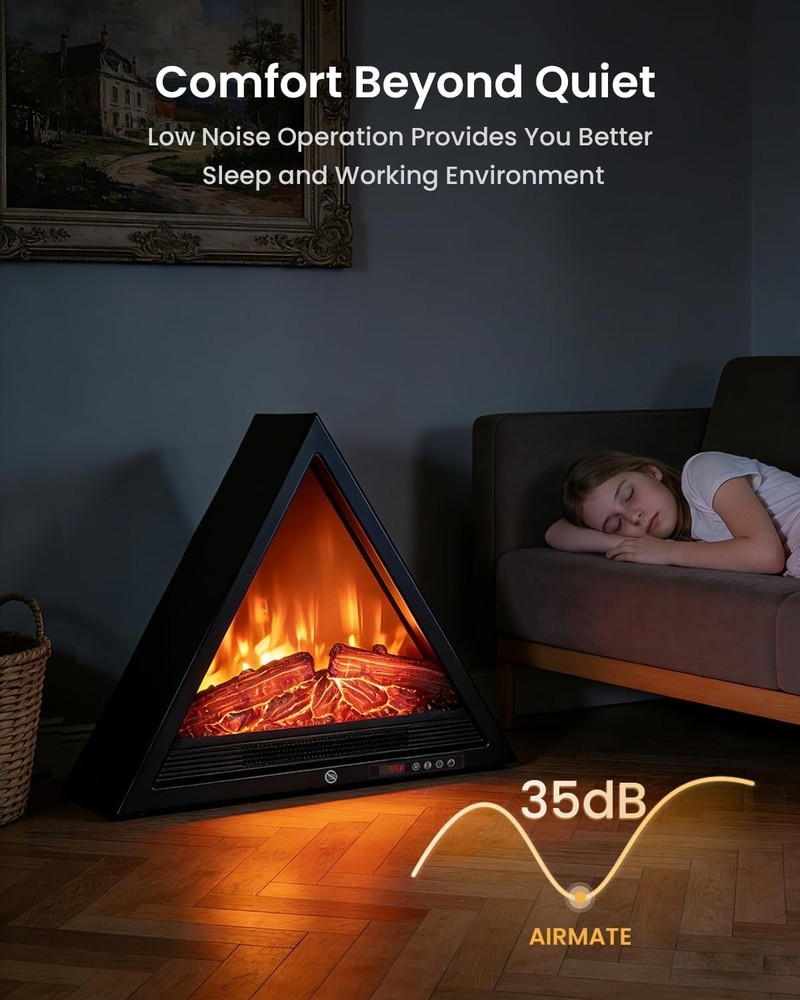 22" Triangular Electric Fireplace Heater 1500W LED Flame Timer Remote - NIB