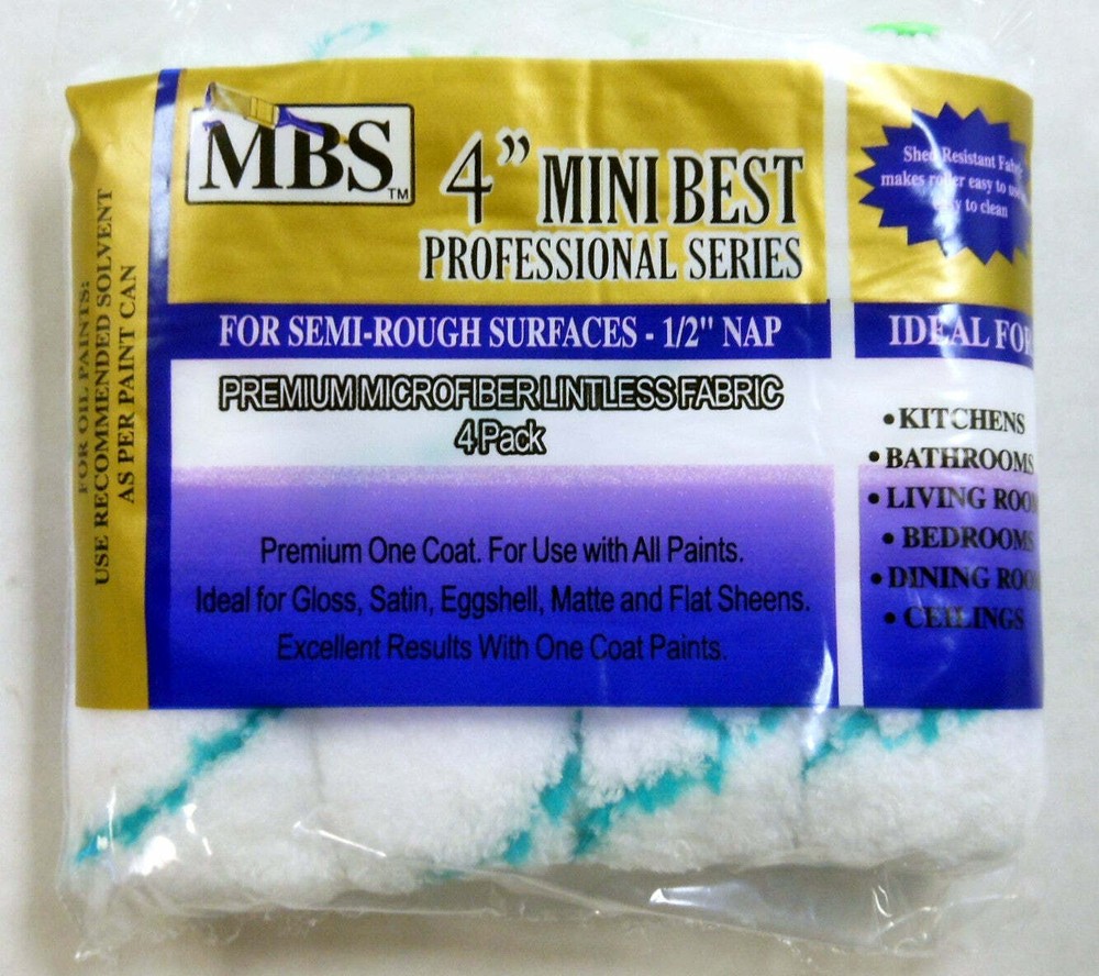 MBS 4pc 4" Mini Roller Covers 1/2" Nap Premium Microfiber Fabric