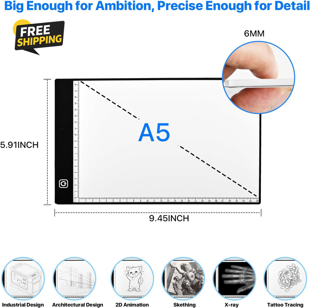 A5 LED Light Box for Tracing and Drawing - Ultra-Thin Adjustable Light Table/Boa